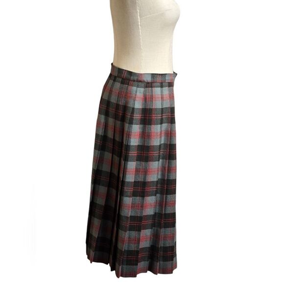 Gray and Black Vintage Plaid Lined Wool Pleated Midi Skirt - Picture 2 of 6
